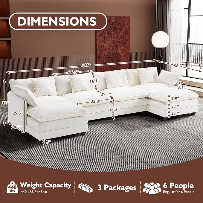 Ihanherry 146" U-Shaped Modern Sofa Modular Sectional Cloud Couch with 2 Ottoman, 6-Seat Chenille Deep Seat Sofa with 6 Pillows for Living Room, Bedroom and Apartment, Beige