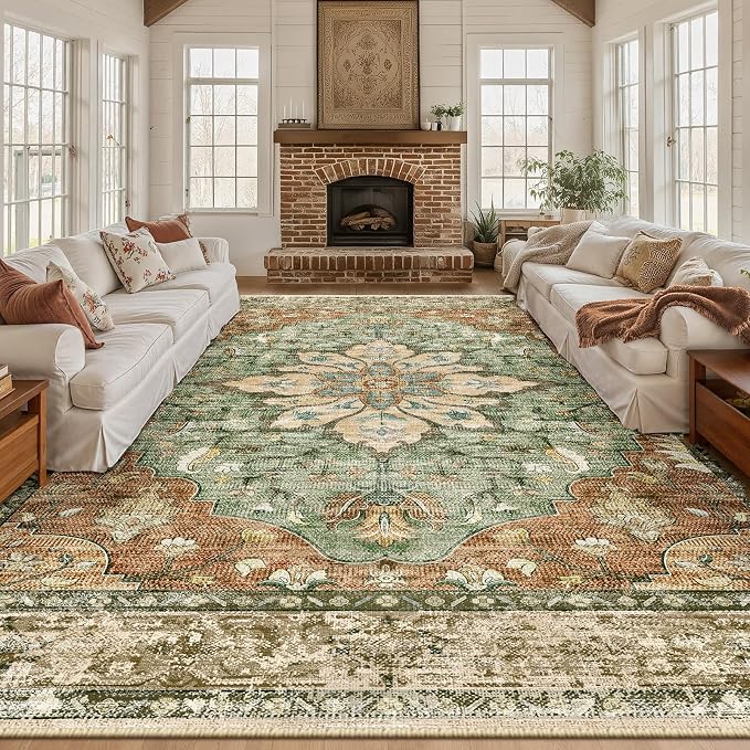 RELEANY Area Rugs Large 10'x14' Washable Non-Slip, Floral Vintage Distress Medallion Carpet for Living Room Bedroom Dining Room, Terracotta Burnt Orange Green