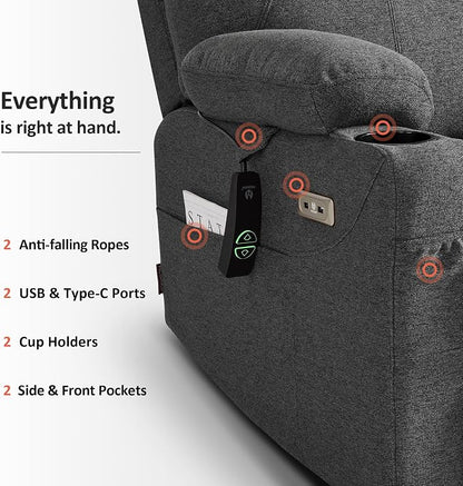 MCombo Power Lift Recliner Chair for Elderly R7045(Grey, Medium-Wide) | Heat and Massage, Breathable Fabric, USB& Type C Charging Port, FSC Certified