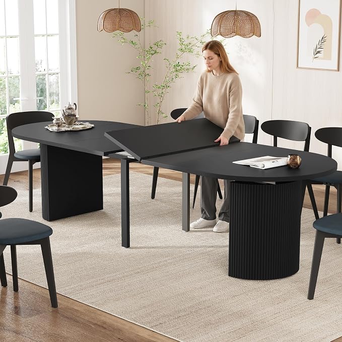 weselon 42"-120" Extendable Dining Table for 4-14, Expandable Oval Dining Room Table with Fluted Pedestal Base & Reinforced Metal Support Leg, Extra Large Modern Kitchen Table (Black)