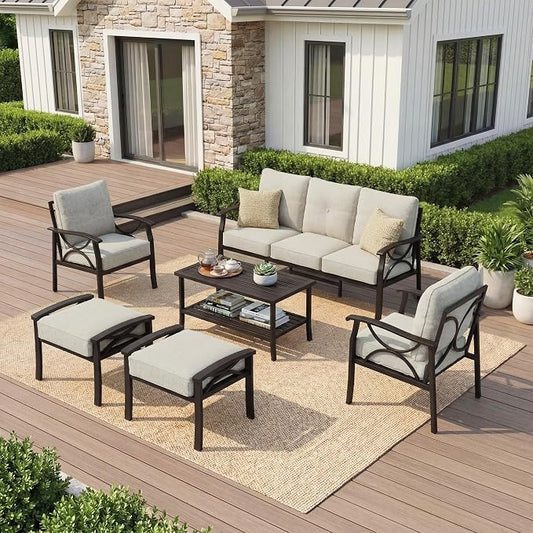 RoyalCraft Outdoor Patio Furniture Set, 7 Seats Outdoor Patio Set with 4" Thick Cushion, All-Weather Metal Patio Sofa with Coffee Table, Outdoor Sectional Furniture for Porch Backyard, Khaki&Beige
