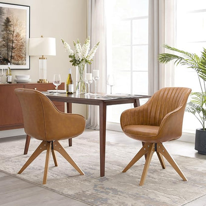 Art Leon Mid Century Modern Swivel Accent Chair with Arms, Beech Wood Legs Leather Upholstered Computer Desk Chair for Small Spaces Home Office Living Room Bedroom, Terracotta