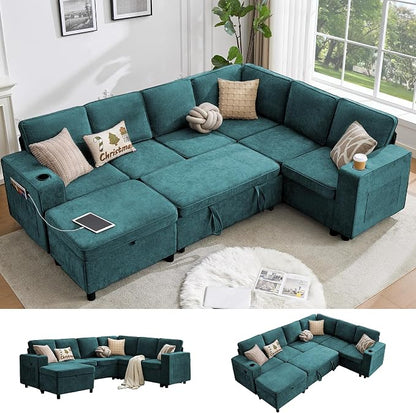 107 Inch Sectional Sleeper Sofa with Pull Out Bed, 7 Seat U Shaped Modular Sectional Sofa with Storage Ottoman, USB Port & 6 Pillows, Sectional Couches for Living Room & Apartment, Modular Couch,Green