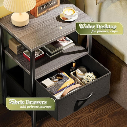 Huuger Night Stand with 2 Drawers, Bed Side Table with Open Shelf, Wooden Top, Nightstand for Bedroom, End Table for Small Space, Fabric Drawer, Grey