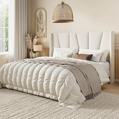 SHA CERLIN Queen Size Velvet Bed Frame with Geometric Wingback Headboard, Upholstered Platform Bed with Wooden Slats Support, 8" Under-Bed Space, No Box Spring Needed, Easy Assembly, Cream