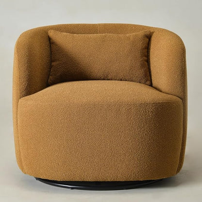 KINWELL 34" Wide Boucle Swivel Barrel Chair, No Assembly Round Upholstered Armchair Accent Chair Single Sofa Chair with Toss Pillow for Living Room and Bedroom, Brown