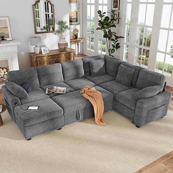 Hanherry 106" Sectional Sofa with Pull Out Couch Bed,6 Seater Corduroy Sleeper Sofa with Storage Ottoman & USB Charging,Comfy L Shaped Modular Couches for Living Room,Apartment