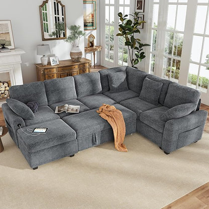 Hanherry 106" Sectional Sofa with Pull Out Couch Bed,6 Seater Corduroy Sleeper Sofa with Storage Ottoman & USB Charging,Comfy L Shaped Modular Couches for Living Room,Apartment