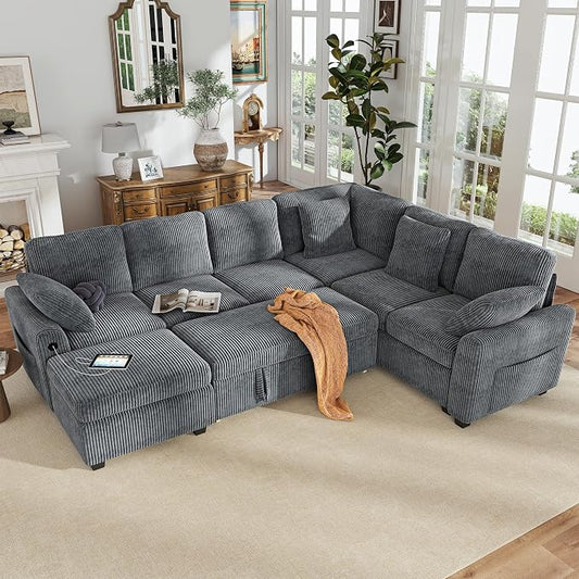 Hanherry 106" Sectional Sofa with Pull Out Couch Bed,6 Seater Corduroy Sleeper Sofa with Storage Ottoman & USB Charging,Comfy L Shaped Modular Couches for Living Room,Apartment