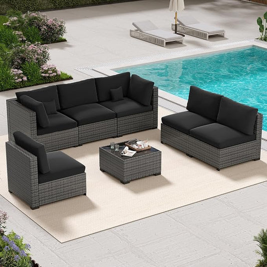 LHBcraft 7 Piece Patio Outdoor Furniture Set, Outdoor Sectional, All-Weather Hand-Woven Wicker Black Patio Sectional, Rattan Outside Furniture with Cushion and Glass Coffee Table