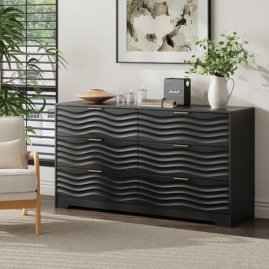 MALOL Coastline Fluted 6 Drawers Dresser for Bedroom, 55" Wide Modern Chest of TV Stand Organizers with Metal Handle, Storage Wooden Dresser Drawer for Living Room, Hallway, Closet, Black Wood
