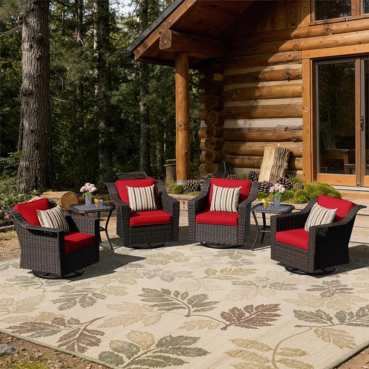 6 Pieces Patio Conversation Furniture Set - 4 Swivel Chairs, 2 Side Tables, Outdoor Wicker Furniture with Removable Cushions for Porch, Sunroom (Red)