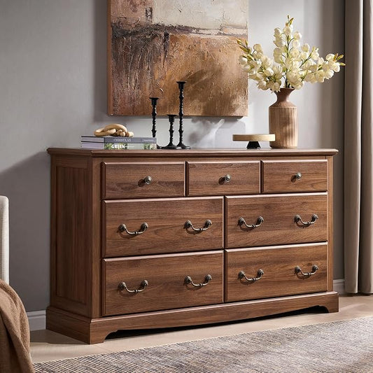 T4TREAM Farmhouse Dressers & Night Stand Set of 4, 54" Wide 7 Drawer Dresser & 48" Tall 6 Drawers Chests, 18" Wide 2 Drawers Side Table Set of 2, Furniture Dresser Sets for Home, Light Walnut