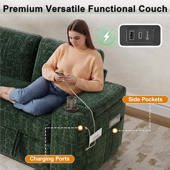 Vipbear Premium 86" Modular Sectional Sleeper Sofa, 5 Seat Sleeper Sofa with Pull Out Bed, L Shaped Couch with USB Ports|Storage Chaise|Cup Holders|Storage Armrests|Side Table, Green