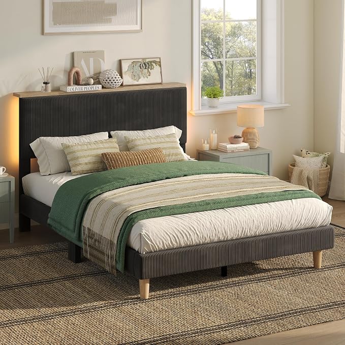 Bestier Full Bed Frame with Adjustable Headboard & LED Lighting, Corduroy Upholstered Platform Bed Frame with Storage Shelf, Solid Wood Slats, No Box Spring Needed, Never Squeak, Easy Assembly, Black