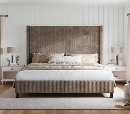HOWE Queen Bed Frame with 61.4" Extra Tall Headboard, Corduroy Upholstered Bed with Vertical Wingback Headboard, No Box Spring Needed/Noise Free/Solid Wood Slats/Brown