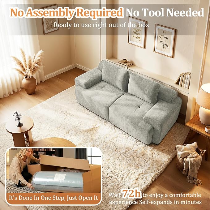 85" Oversized Boneless Couch, Comfort Cloud Sectional Couches for Living Room, Modular Sofa High Back & Extra Deep Seat, No Assembly, Soft Chenille Fabric (Light Grey, 85 inch- Shaped（2+0）)
