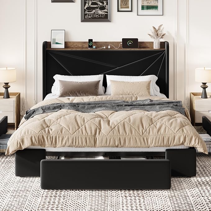 SHA CERLIN Queen Bed Frame with 3 Drawers, USB & Type-C Charging Ports, Velvet Upholstered Platform Bed with Modern Geometric Wingback Storage Headboard, No Box Spring Needed, Easy Assembly, Black