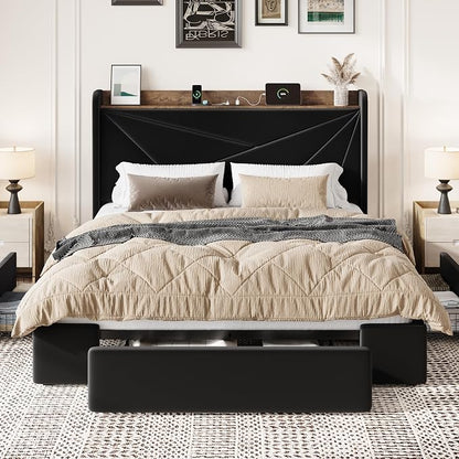 SHA CERLIN Full Size Bed Frame with 3 Drawers, USB & Type-C Charging Ports, Velvet Upholstered Platform Bed with Modern Geometric Wingback Storage Headboard, No Box Spring Needed, Easy Assembly, Black