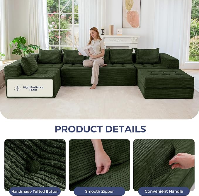 MAXYOYO Modular Sectional Sofa Couch, Foldable U Shaped Cloud Couch with Pillows, Tufted 7-Seat Boneless Lounger Floor Sofa Bed for Living Room, No Assembly Required, Dark Green