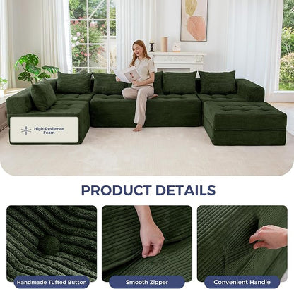 MAXYOYO Modular Sectional Sofa Couch, Foldable U Shaped Cloud Couch with Pillows, Tufted 7-Seat Boneless Lounger Floor Sofa Bed for Living Room, No Assembly Required, Dark Green