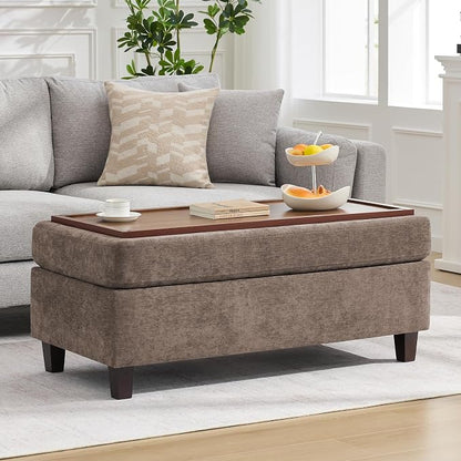 45 Inch Large Storage Ottoman Bench with Wooden Tray Coffee Table, Brown Chenille Upholstered Foot Rest, Multifunctional Foot Stool Ottoman for Living Room, Bedroom & Entryway, Solid Wood Legs