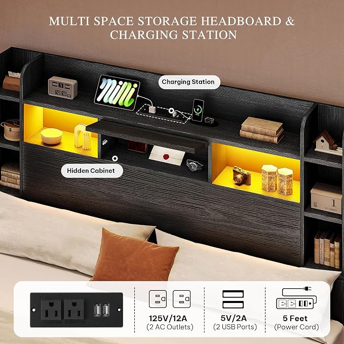 YITAHOME King Size Bed Frame with Bookcase Headboard and 4 Storage Drawers, RGB LED Bed Frame with Type-C & USB Charging Station Storage Headboard Beds, No Box Spring Needed, Noise Free, Black