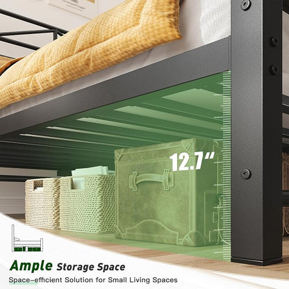 EnHomee 14.2" Metal Twin Bed Frames with Tall Headboard & Footboard, LED Light Twin Bed Frame, Strong Slats Support and Noise-Free Design with Under Bed Storage/No Box Spring Needed/Black