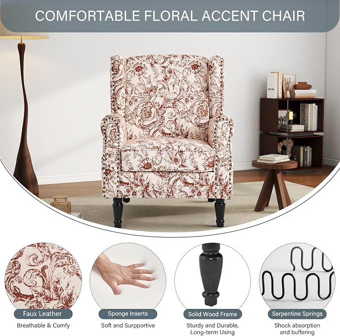 High Back Floral Accent Chairs Set of 2, Fabric Wingback Chair Upholstered Armchair for Living Room - Rococo Orange