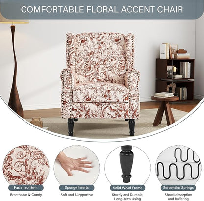 High Back Floral Accent Chairs Set of 2, Fabric Wingback Chair Upholstered Armchair for Living Room - Rococo Orange