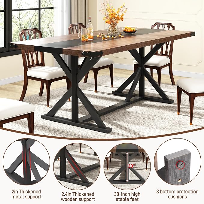 70 INCH Dining Room Table for 4-6 People,Wooden Rectangular Kitchen Table W/Waterproof Thickness Tabletop,Farmhouse Long Dinner Table W/Adjustable Leg for Dining Room,Living Room,Office(Brown&Black)