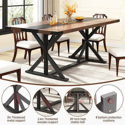 70 INCH Dining Room Table for 4-6 People,Wooden Rectangular Kitchen Table W/Waterproof Thickness Tabletop,Farmhouse Long Dinner Table W/Adjustable Leg for Dining Room,Living Room,Office(Brown&Black)