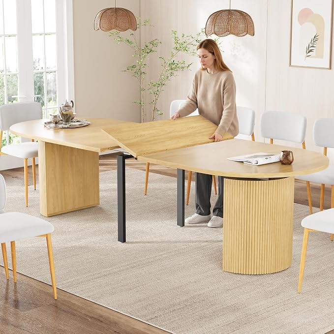 weselon 42"-120" Extendable Dining Table for 4-14, Expandable Oval Dining Room Table with Fluted Pedestal Base & Reinforced Metal Support Leg, Extra Large Modern Kitchen Table (Natural)
