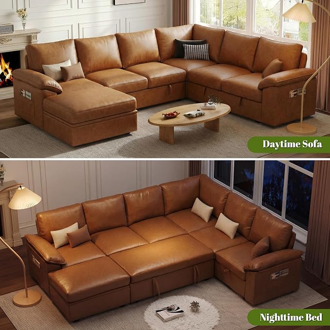 108 Inch Faux Leather Modular Sectional Sofa with Pull Out Bed,U Shaped 7 Seat Sectional Sleeper Sofa with Storage,Sectional Couches for Living Room,Cloud Modular Couch,Brown Leather