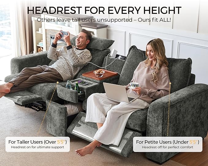 138.6'' Oversized Power Recliner Sofa with Headrest, Modular Cloud Sectional Couch with Convertible Table, Charging, Drawer, Cup Holder, 4-Seater with Storage Ottoman, Chenille, Grey