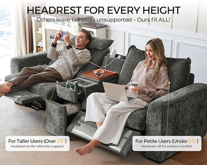 Oversized Modular Power Recliner Sofa Wall Hugger, Cloud Reclining Couch with Headrest, Storage Ottoman, Drawer Charging Cup Holder, Deep L-Shaped 6 Seater with Dual Electric Recliner, Chenille, Grey