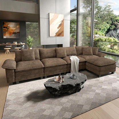 HERA'S HOUSE 158" Oversized Modular Sectional Sofa, Comfy L Shaped Couches for Living Room, Cloud Couch with Ottoman, 5-Seater Deep Seat Sofa with Throw Pillow, Chenille Grayish Brown
