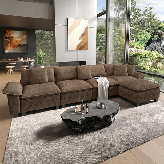 HERA'S HOUSE 158" Oversized Modular Sectional Sofa, Comfy L Shaped Couches for Living Room, Cloud Couch with Ottoman, 5-Seater Deep Seat Sofa with Throw Pillow, Chenille Grayish Brown