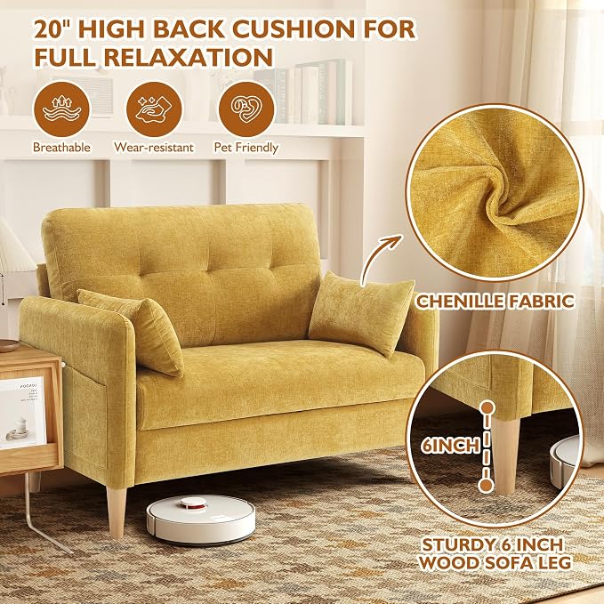 Urhanherry 47" Small Sofa Couch for Bedroom, Soft Chenille loveseat Mini Couch with Throw Pillow and Removable Cushion Cover for Small Spaces, Living Room, Apartment, Dorm, Office(Yellow)