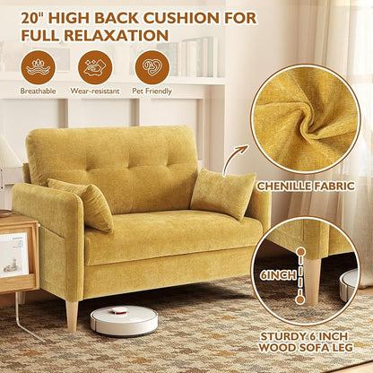 Urhanherry 47" Small Sofa Couch for Bedroom, Soft Chenille loveseat Mini Couch with Throw Pillow and Removable Cushion Cover for Small Spaces, Living Room, Apartment, Dorm, Office(Yellow)