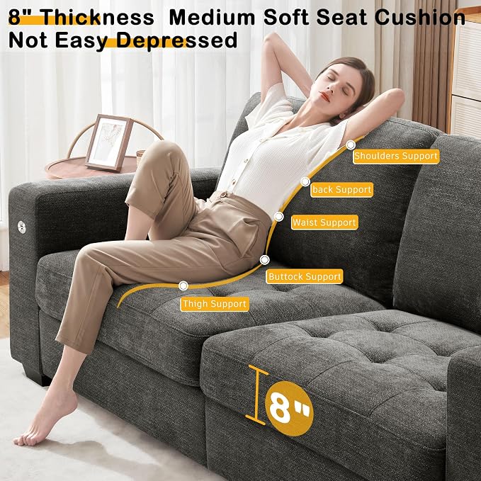 Hanherry 89" Sofa for Living Room, Modern Comfy Couch with Medium Firm Seat Cushion, Removable Cover,Wide Armrest,USB/Type-C Port,Chenille Fabric Couches for Small Space,Apartment