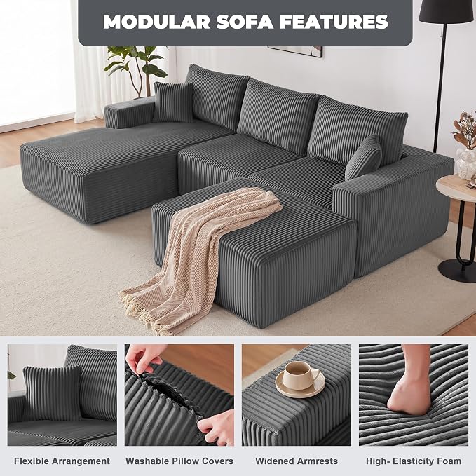 Weture 108” Modular Sectional Couches, Modern Modular U-Shape Sofa with Chaise, Cloud Sectional Couch with Deep Seat, Upholstered Boneless Sofa for Living Room (Corduroy, Gray)