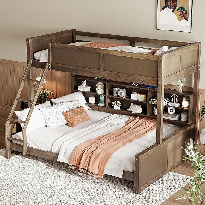 Wood Bunk Bed Twin XL Over Queen Size with Built-in Storage Cabinets and USB Ports, Versatile Bunk Bed Frame with Ladder and Guardrail for Kids Teens Adult, Maximize Space (Wood-T-Q)