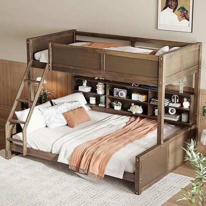 Wood Bunk Bed Twin XL Over Queen Size with Built-in Storage Cabinets and USB Ports, Versatile Bunk Bed Frame with Ladder and Guardrail for Kids Teens Adult, Maximize Space (Wood-T-Q)
