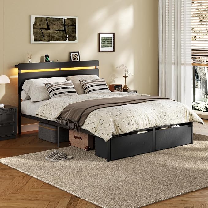 Forestell Full Size Bed Frame with Wood Headboard, Black Platform Bed with 2 Storage Drawers & Shelf, Built in Charging Station & LED Lights, Metal Support, No Box Spring Needed, Camas Full