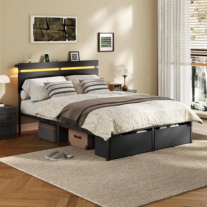 Forestell Full Size Bed Frame with Wood Headboard, Black Platform Bed with 2 Storage Drawers & Shelf, Built in Charging Station & LED Lights, Metal Support, No Box Spring Needed, Camas Full