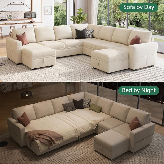 HONBAY Modular Sectional Sleeper Sofa with Pull Out Couch, Oversized U Shaped Sleeper Pull Out Bed with Storage Sectional Couches for Living Room - Beige