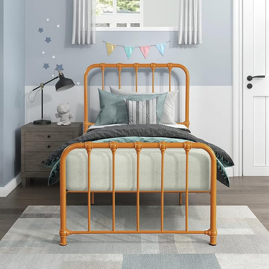 Lexicon Twin Metal Bed Frame, Platform Bed with Strong Metal Slat Support Under Bed Storage, Twin Bed Frame with Headboard, No Box Spring Needed, Easy Assembly, Twin, Orange