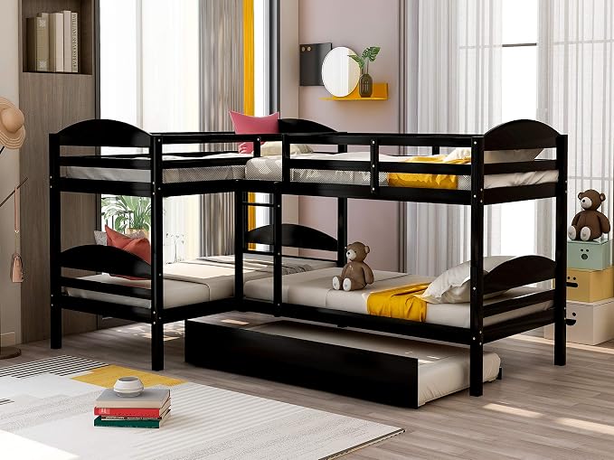 Flieks Four L Shaped Bunk Beds Twin-Over-Twin-Over-Twin-Over-Twin with Trundle, Divides into 2 Beds for 5, Family & Teens, No Box Spring Required