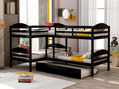 Flieks Four L Shaped Bunk Beds Twin-Over-Twin-Over-Twin-Over-Twin with Trundle, Divides into 2 Beds for 5, Family & Teens, No Box Spring Required